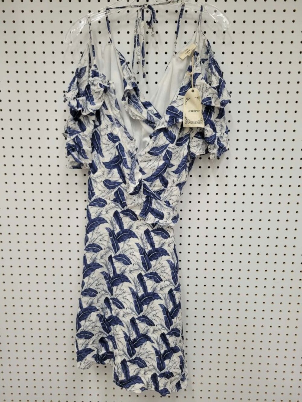 Entro Blue & White Feather Print Wrap Dress With Ruffle Details Halter Neck And